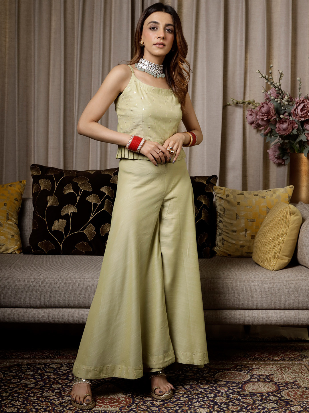 

Libas Self Design Shoulder Straps Ruffles Crop Top With Palazzos, Olive