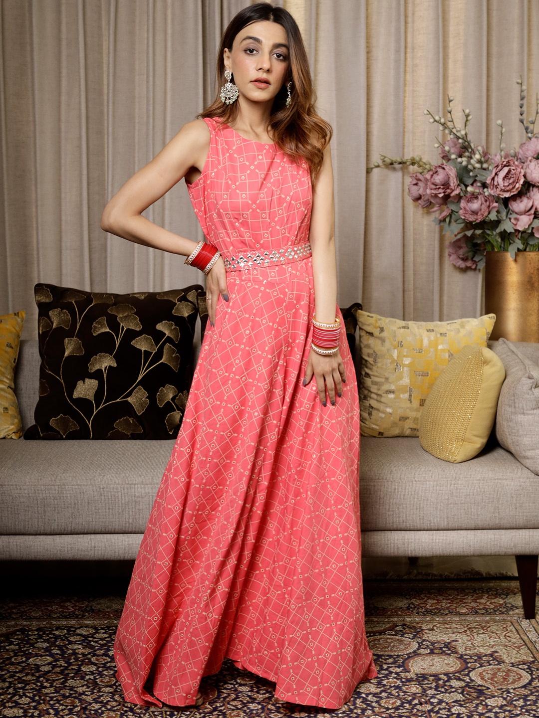 

Libas Geometric Cotton Printed One Shoulder Basic Jumpsuit with Embroidered Belt, Pink