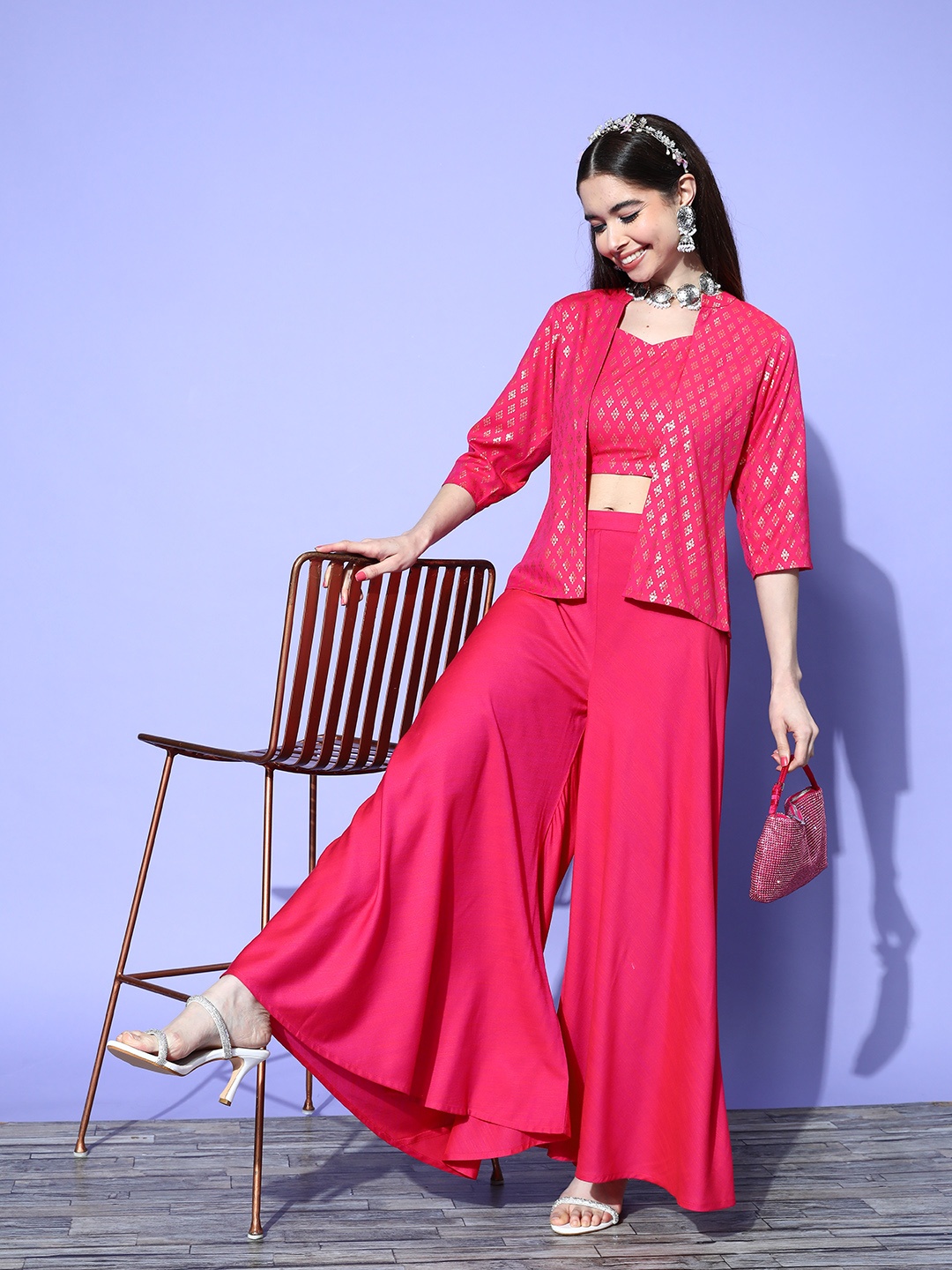 

Libas Self Design Shoulder Straps Crop Top With Palazzos & With Jacket, Fuchsia