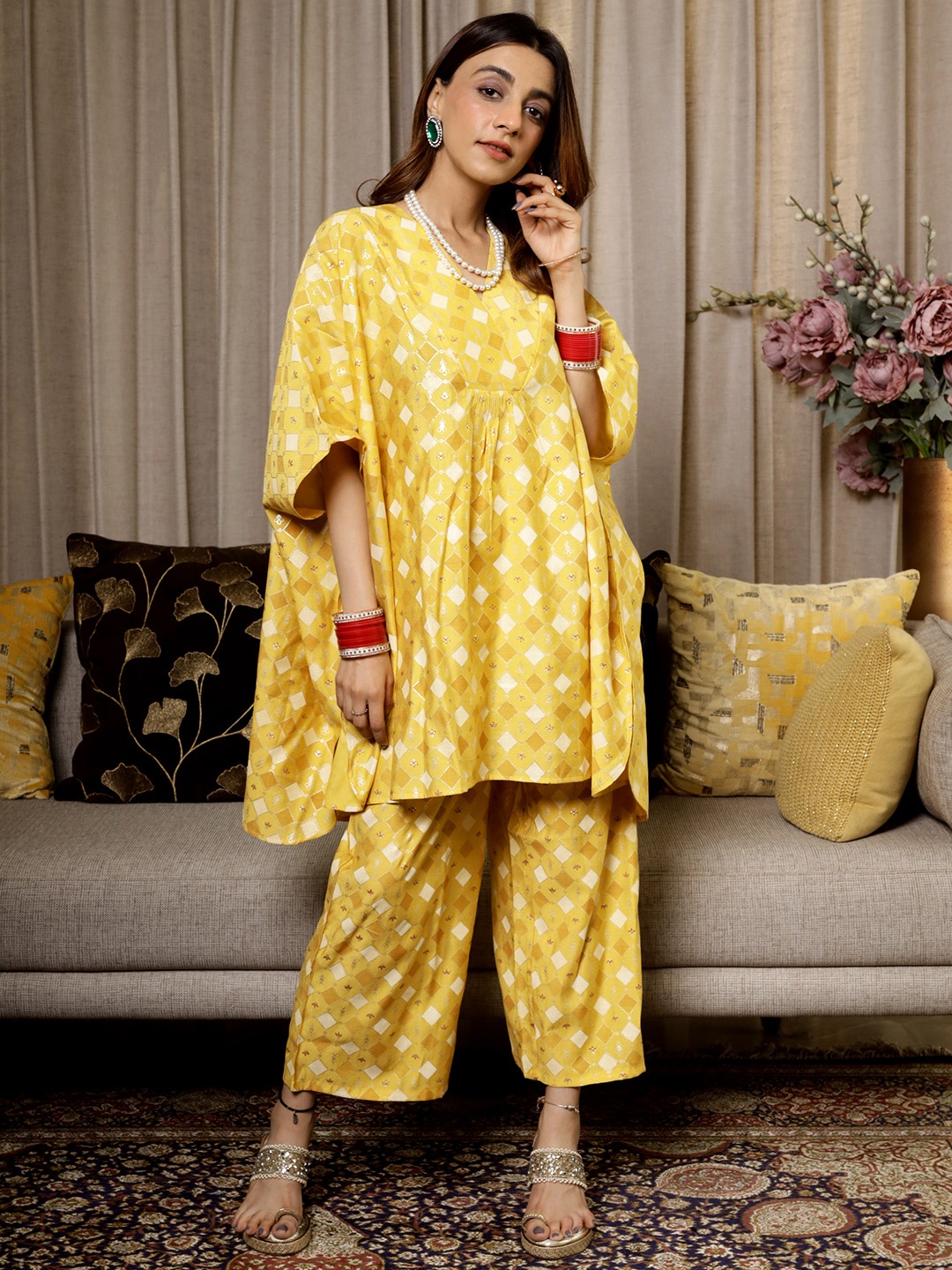 

Libas Geometric Kaftan Kurti with Palazzos, Mustard