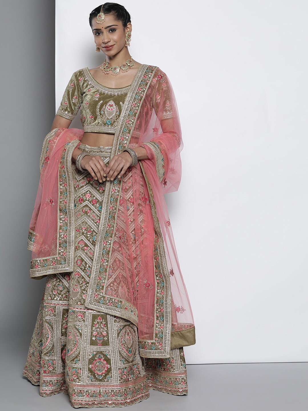 

Fusionic Embroidered Thread Work Semi-Stitched Lehenga & Unstitched Blouse With Dupatta, Olive
