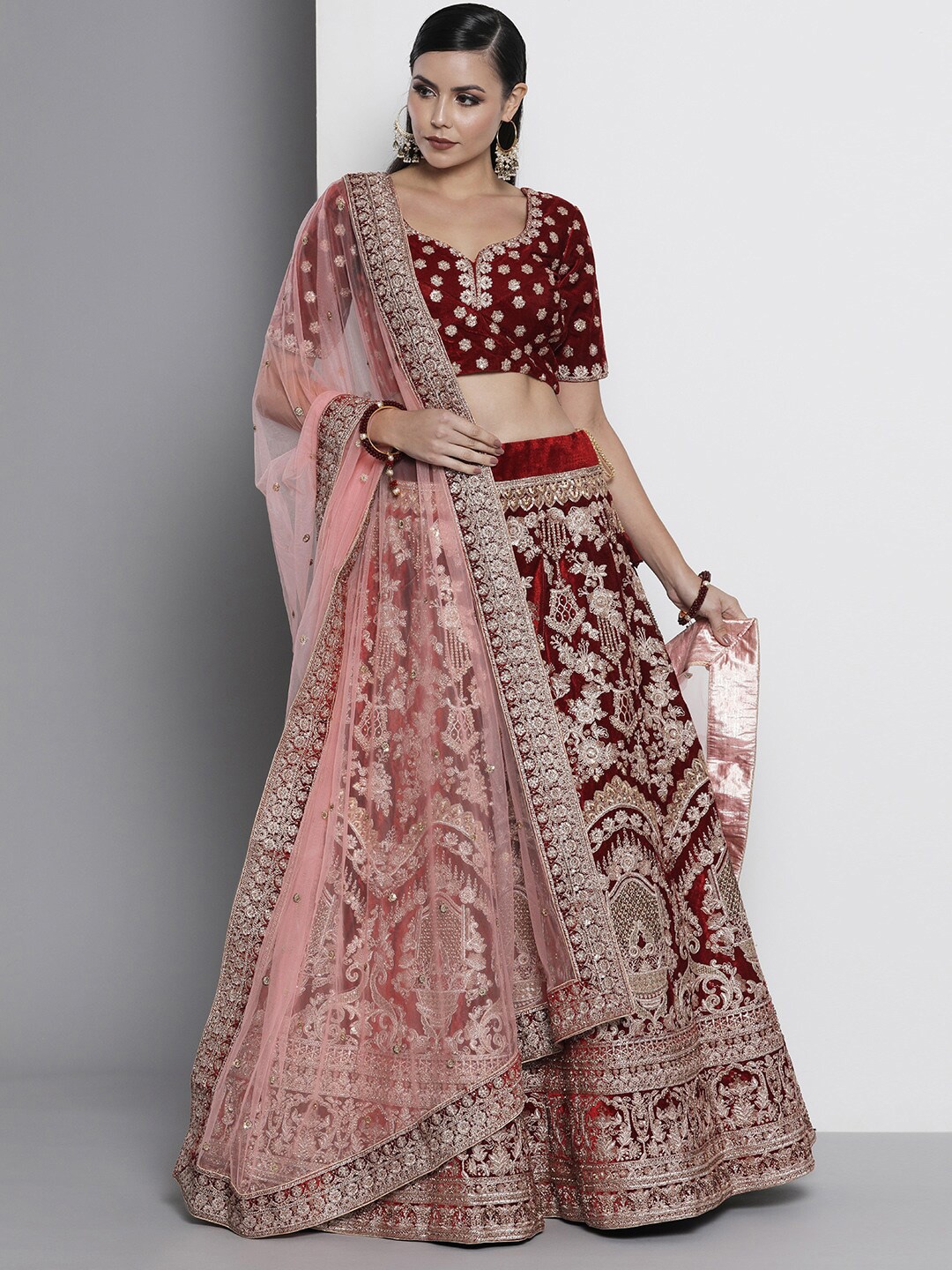 

Fusionic Embroidered Thread Work Semi-Stitched Lehenga & Unstitched Blouse With Dupatta, Maroon