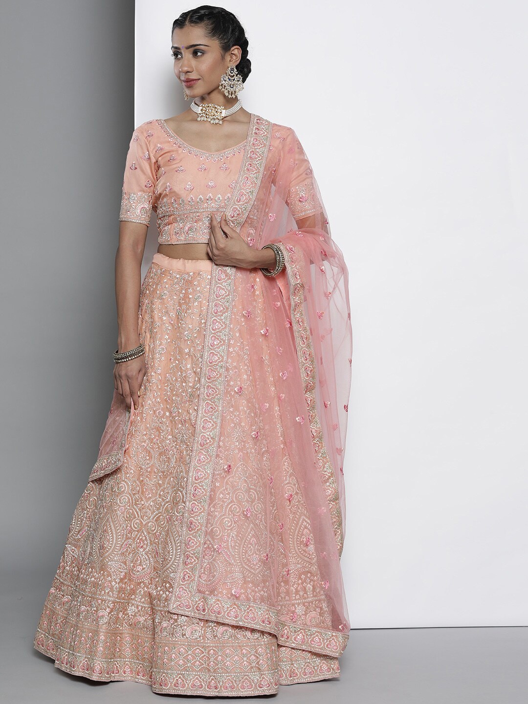 

Fusionic Embroidered Semi-Stitched Lehenga & Unstitched Blouse With Dupatta, Peach