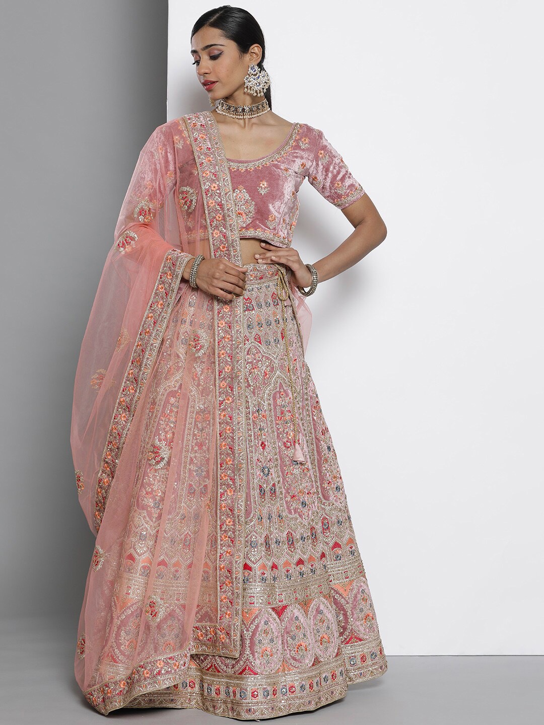 

Fusionic Embroidered Thread Work Semi-Stitched Lehenga & Unstitched Blouse With Dupatta, Pink