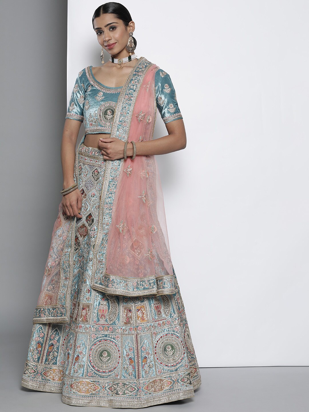 

Fusionic Embroidered Velvet Semi-Stitched Lehenga & Unstitched Blouse With Dupatta, Turquoise blue