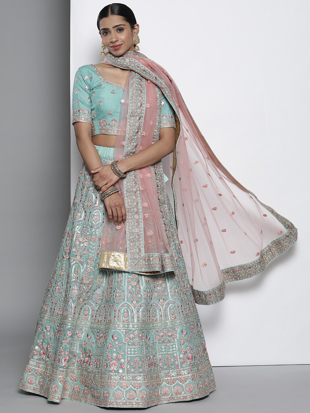 

Fusionic Embroidered Semi-Stitched Lehenga & Unstitched Blouse With Dupatta, Turquoise blue