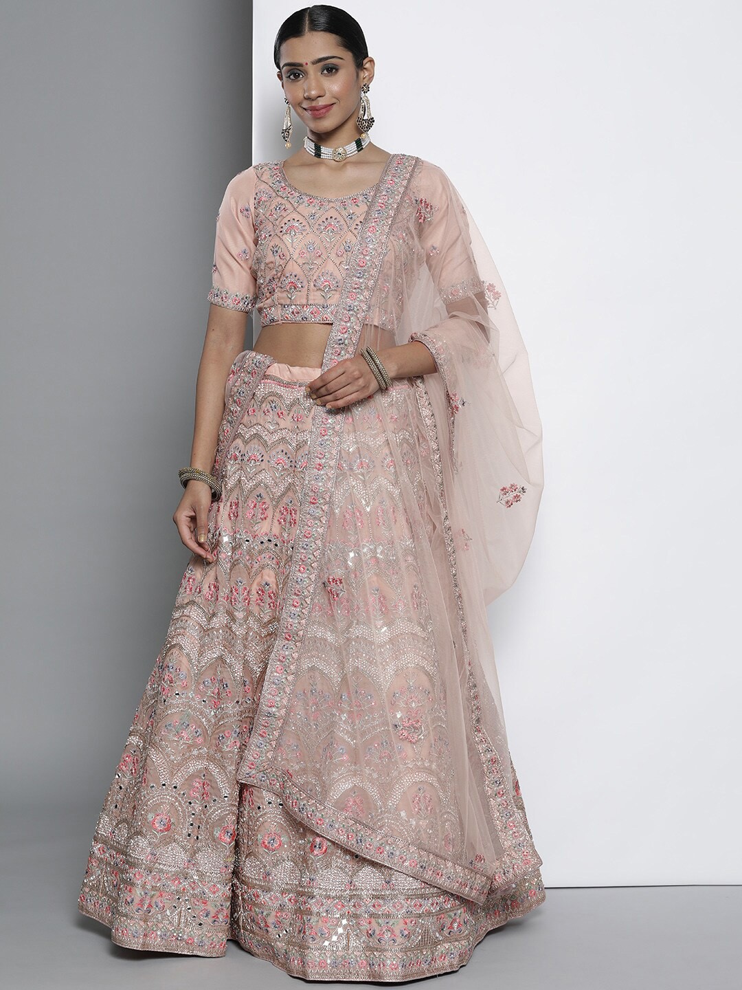 

Fusionic Embroidered Semi-Stitched Lehenga & Unstitched Blouse With Dupatta, Peach