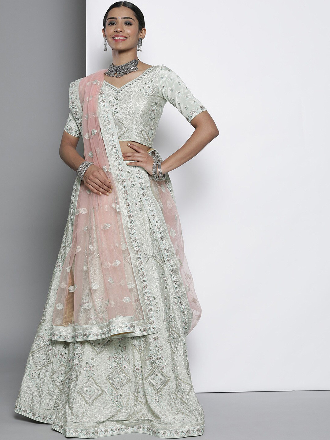 

Fusionic Embroidered Semi-Stitched Lehenga & Unstitched Blouse With Dupatta, Sea green