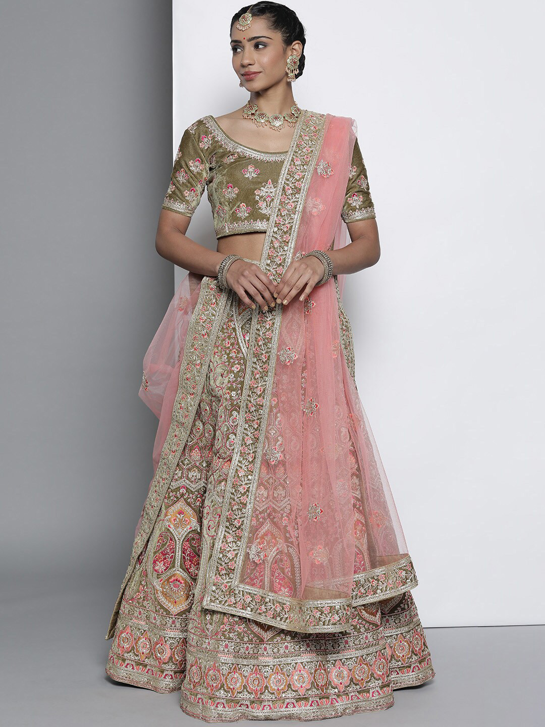 

Fusionic Embroidered Semi-Stitched Lehenga & Unstitched Blouse With Dupatta, Olive