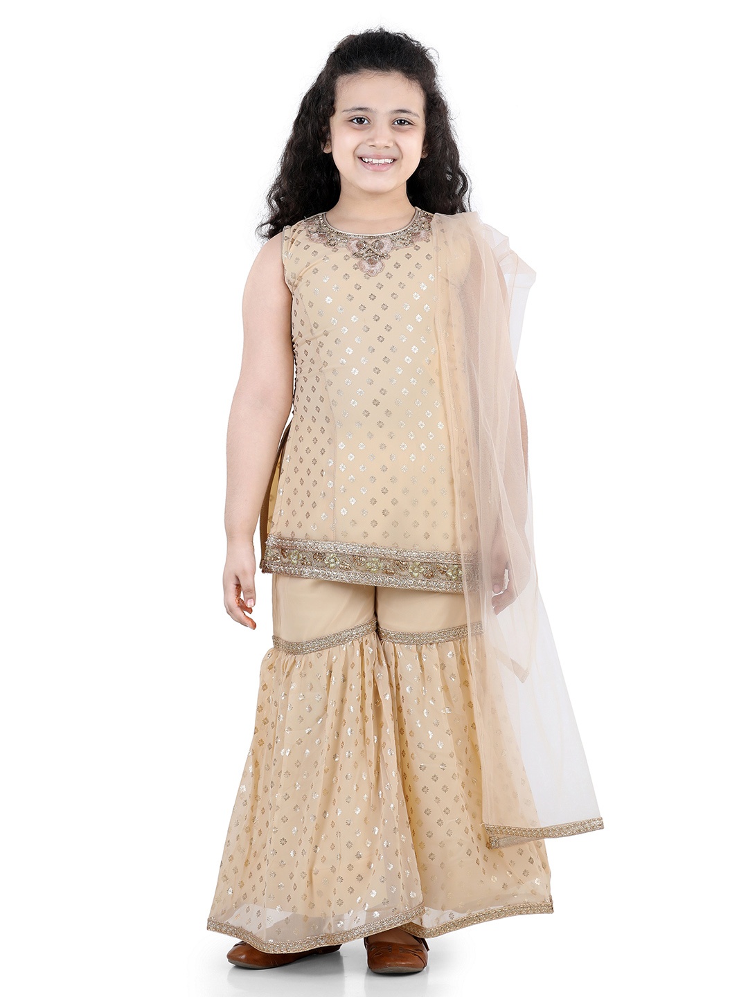 

Aj DEZInES Girls Floral Printed Kurta With Sharara & Dupatta, Beige