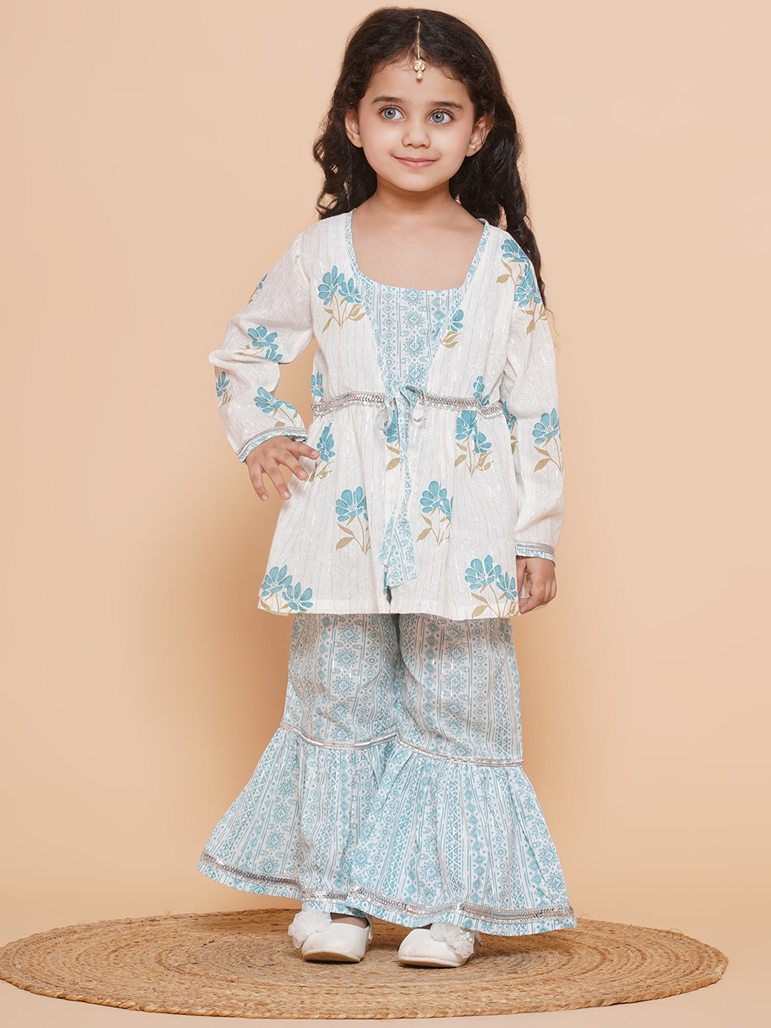 

Aj DEZInES Girls Floral Printed Pure Cotton Kurta with Sharara, White