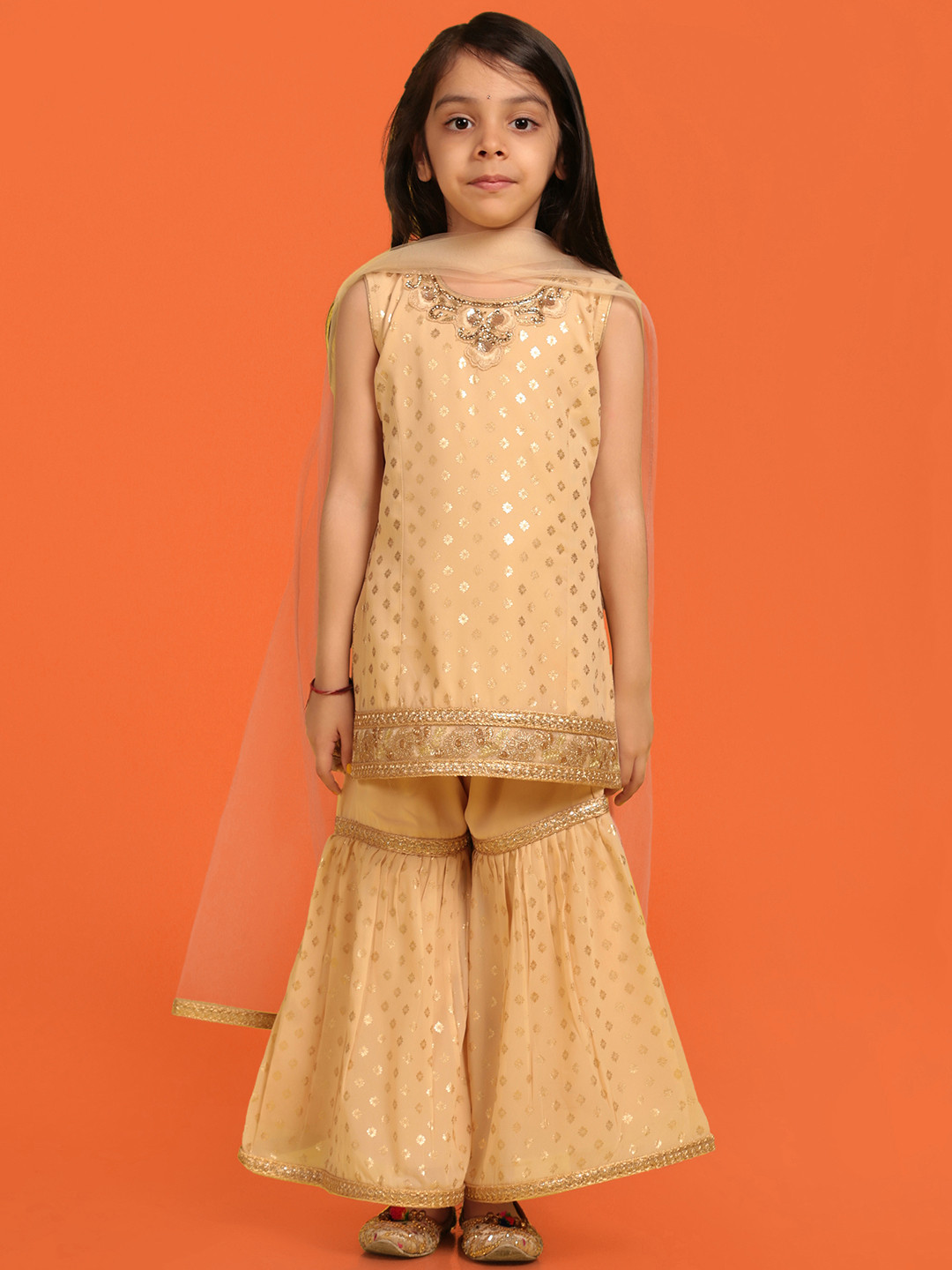 

Aj DEZInES Girls Printed Kurta with Sharara & Dupatta, Beige