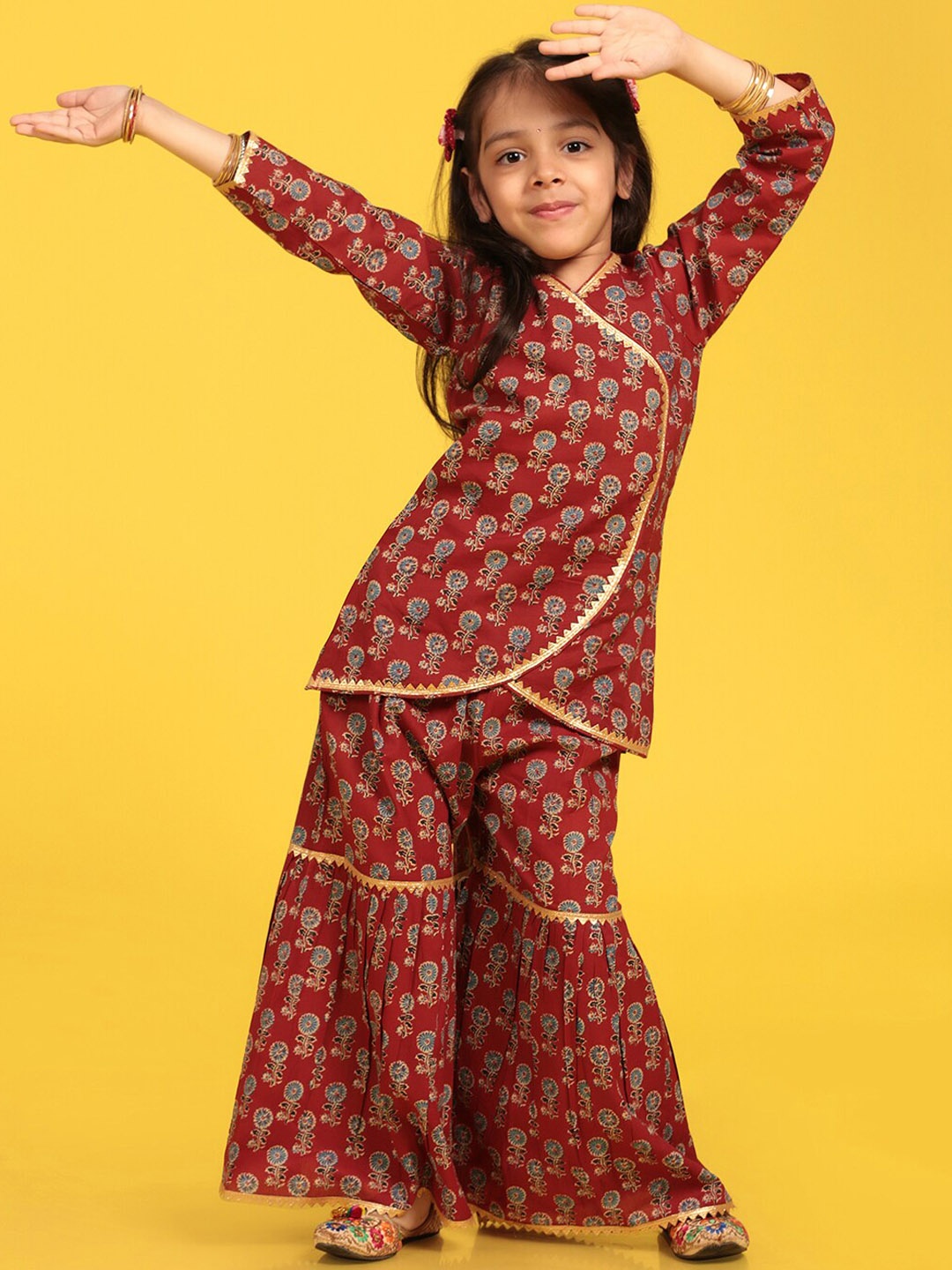 

Aj DEZInES Girls Printed Angrakha Pure Cotton Kurta with Sharara, Maroon