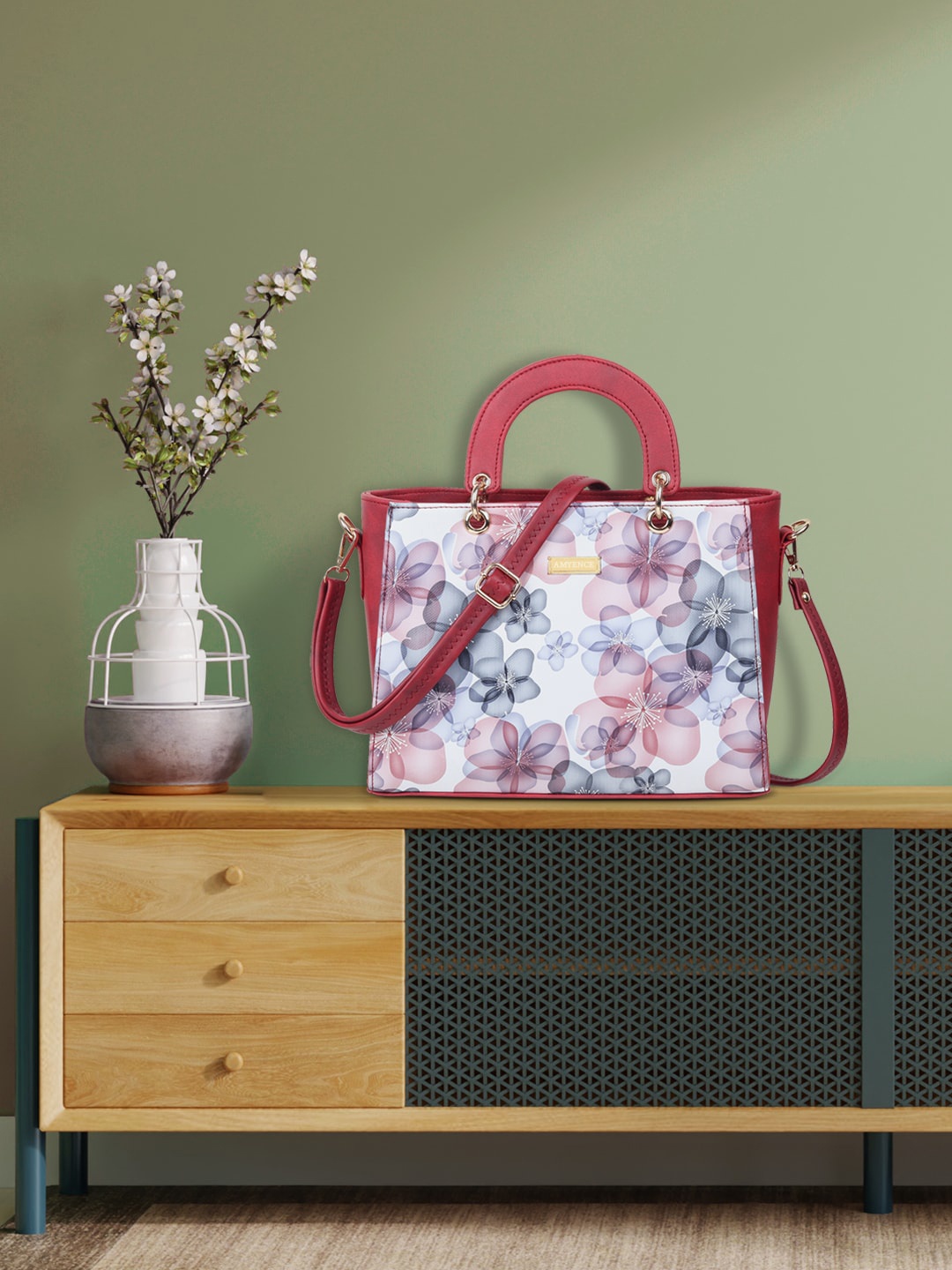 

AMYENCE Floral Printed Structured Handheld Bag, Maroon