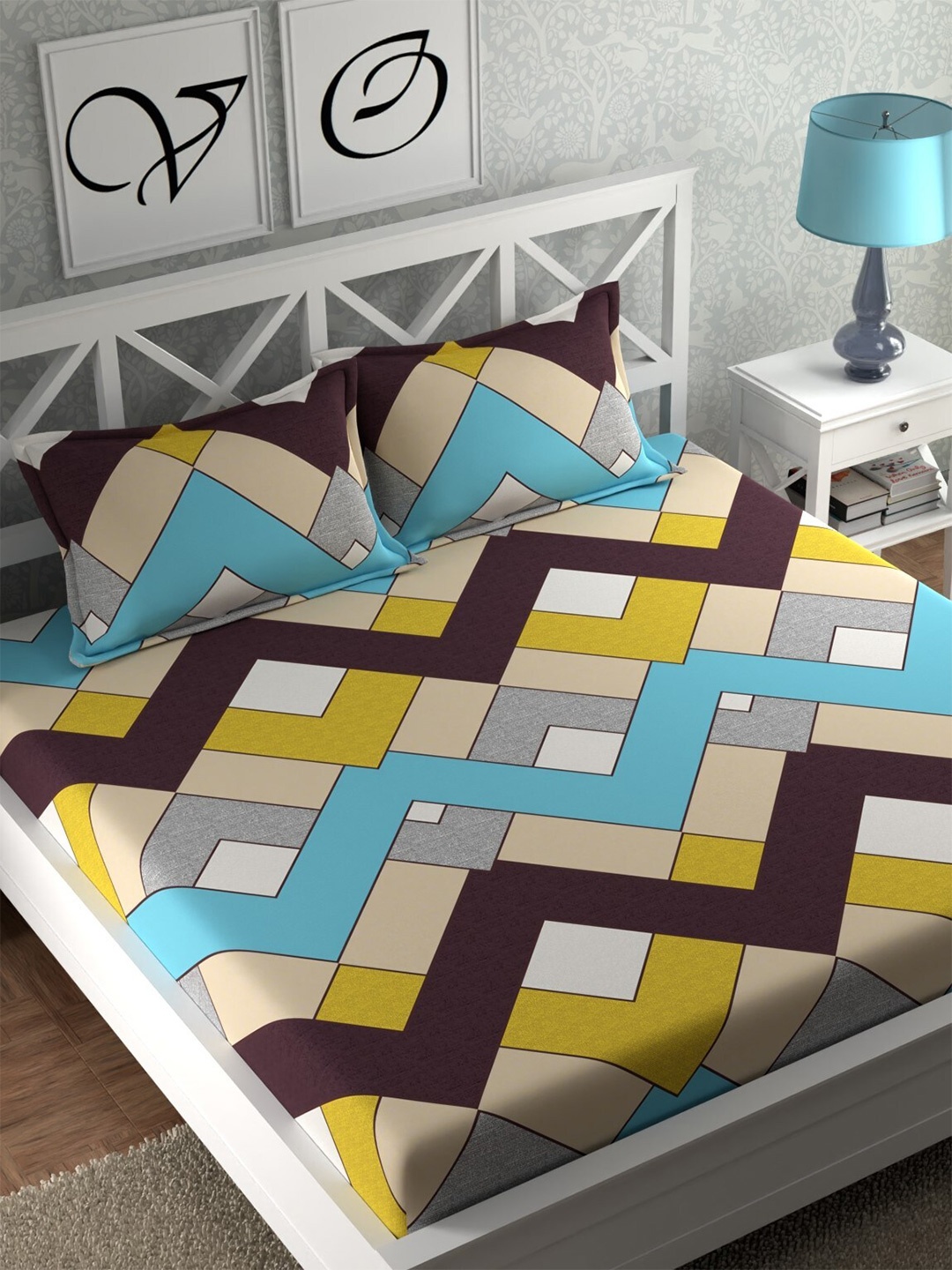 

CHHAVI INDIA Brown & Blue Geometric 210 TC Queen Bedsheet with 2 Pillow Covers