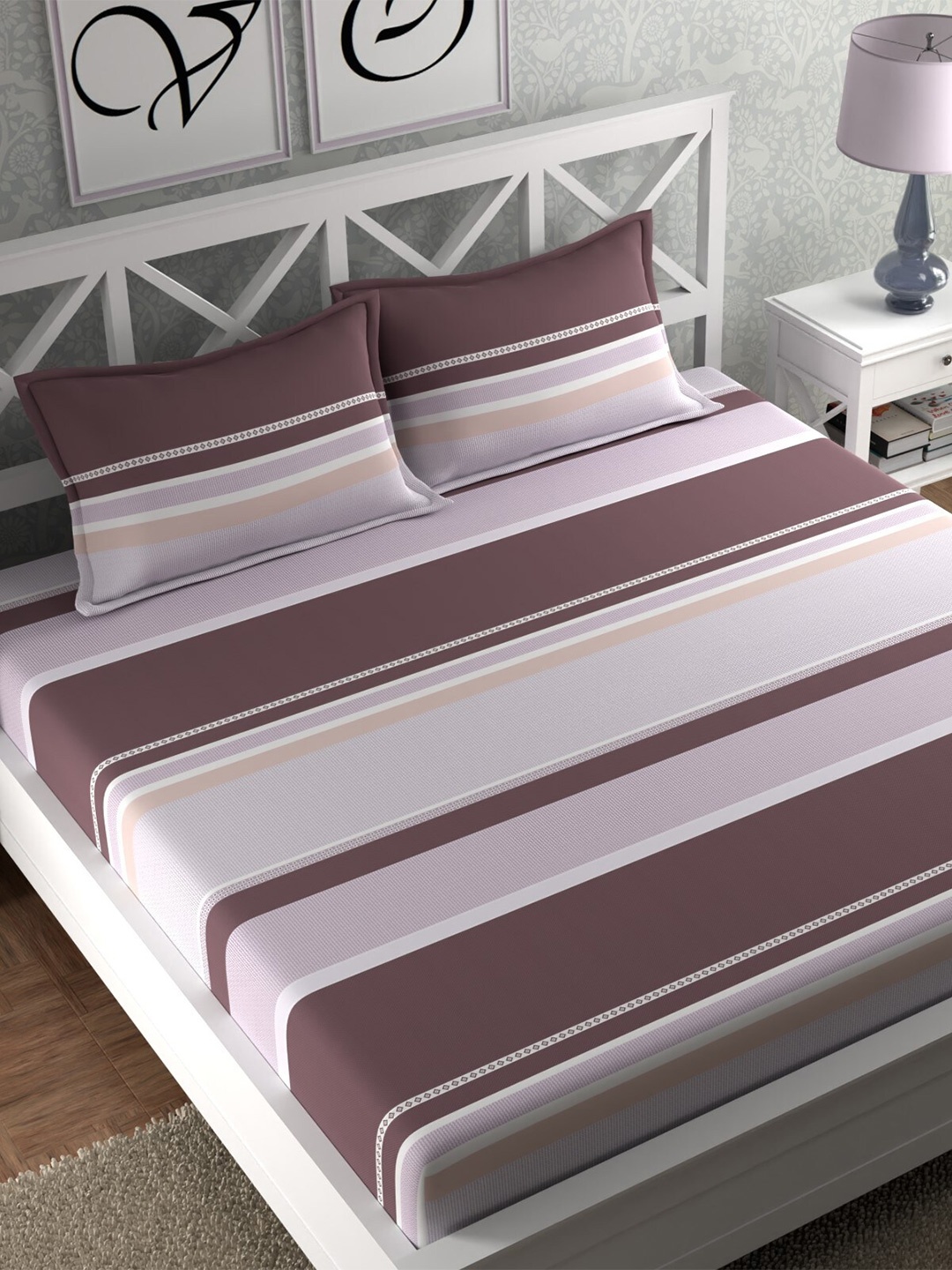 

CHHAVI INDIA Grey & Brown Striped 210 TC Queen Bedsheet with 2 Pillow Covers