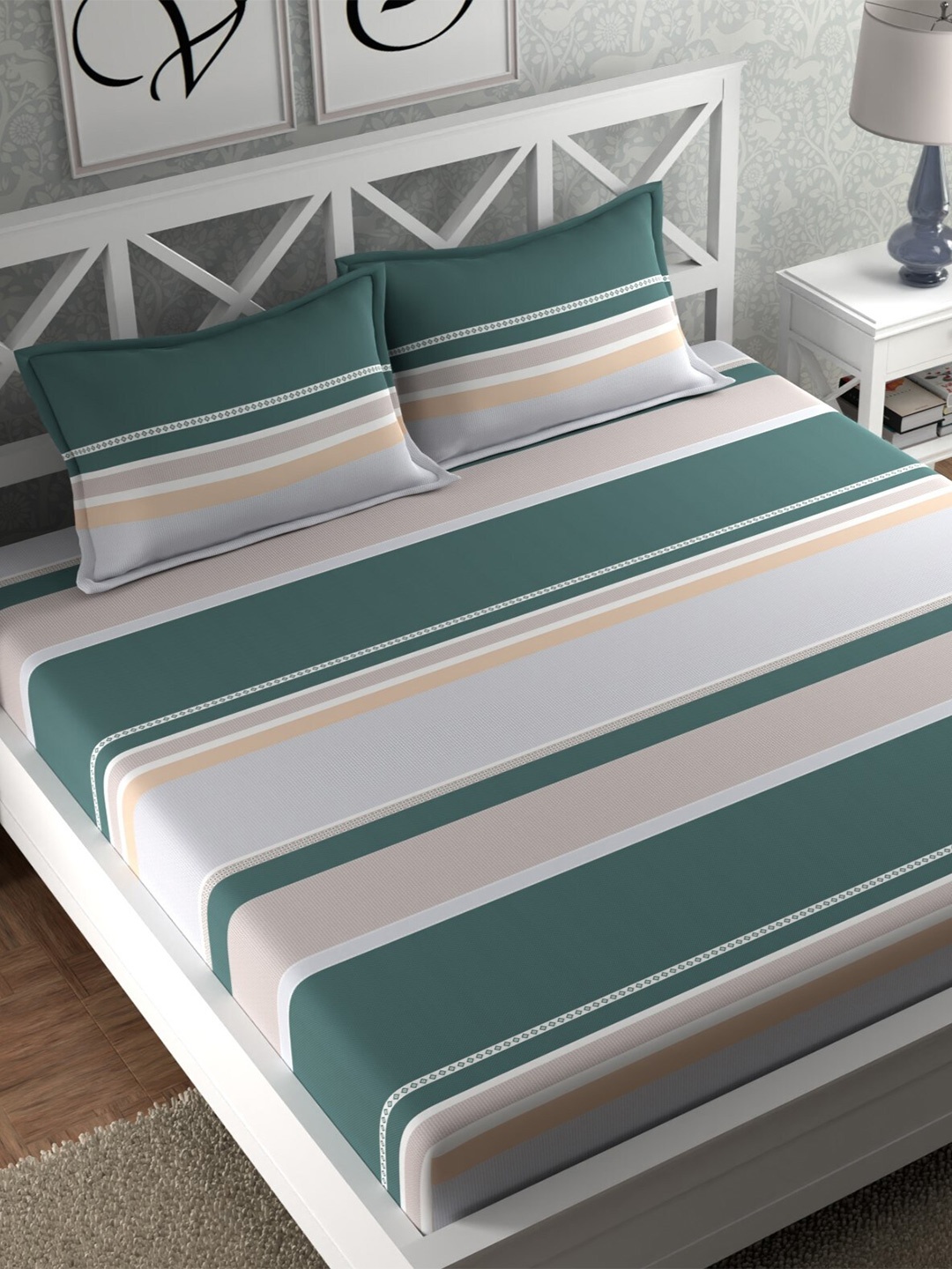

CHHAVI INDIA Grey & Green Striped 210 TC Queen Bedsheet with 2 Pillow Covers