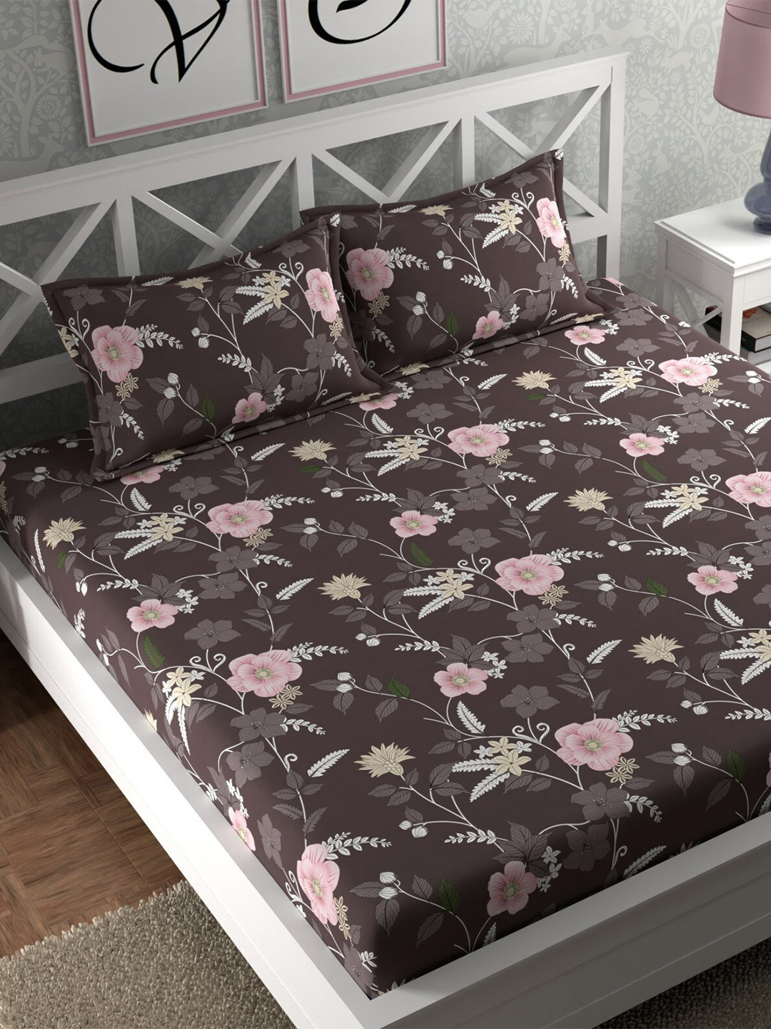 

CHHAVI INDIA Brown & Pink Floral 210 TC Queen Bedsheet with 2 Pillow Covers