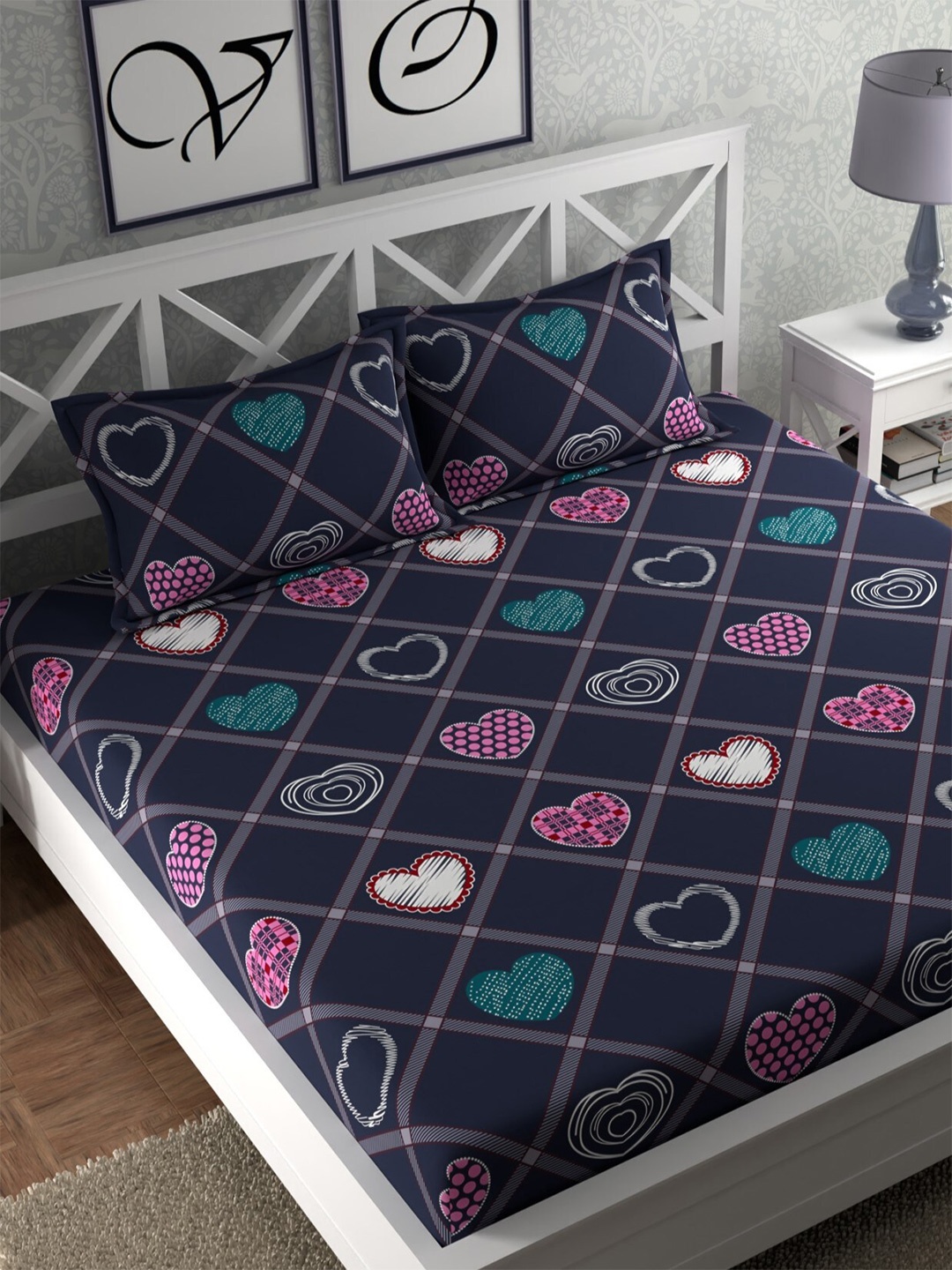 

CHHAVI INDIA Navy Blue & Pink 210 TC Queen Bedsheet With 2 Pillow Covers