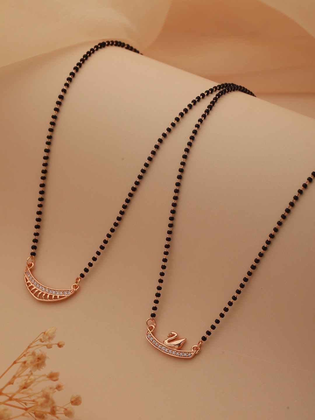

Saraf RS Jewellery Set Of 2 Rose Gold-Plated AD Studded & Beaded Mangalsurtra, Black