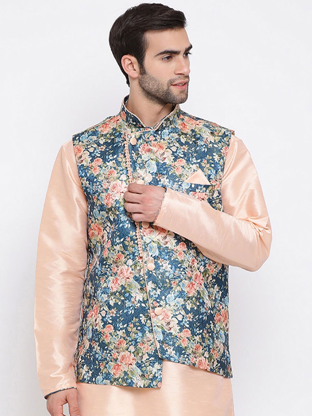 

VASTRAMAY Men Floral Printed Woven Nehru Jacket, Blue