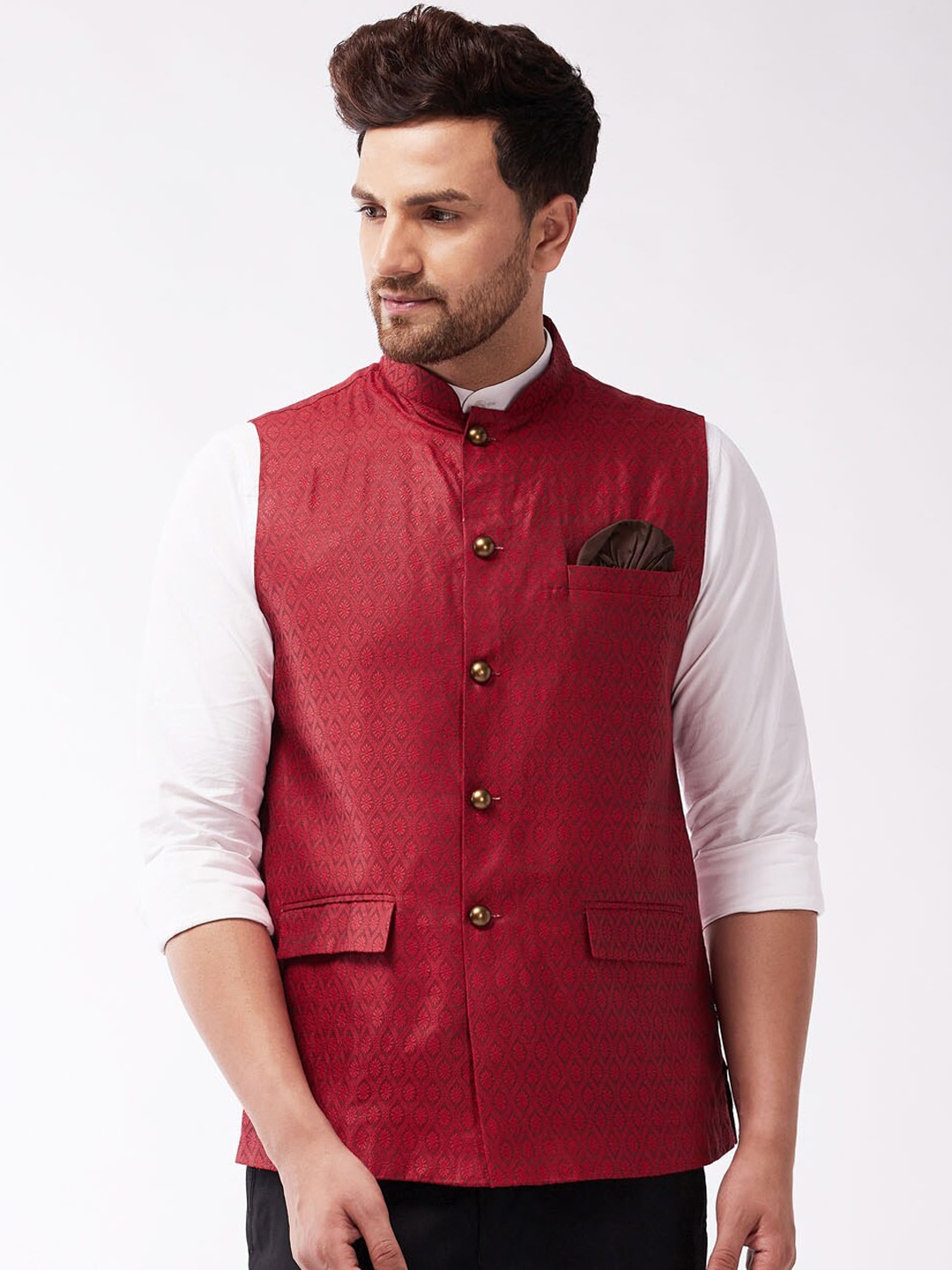 

VASTRAMAY Men Woven-Design Nehru Jacket, Maroon