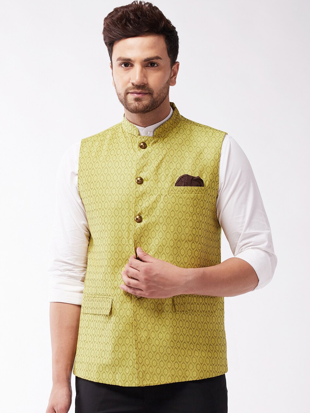 

VASTRAMAY Men Printed Woven Nehru Jacket, Yellow