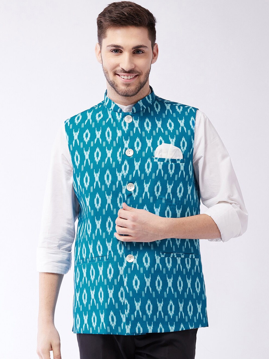 

VASTRAMAY Men Printed Pure Cotton Nehru Jacket, Turquoise blue