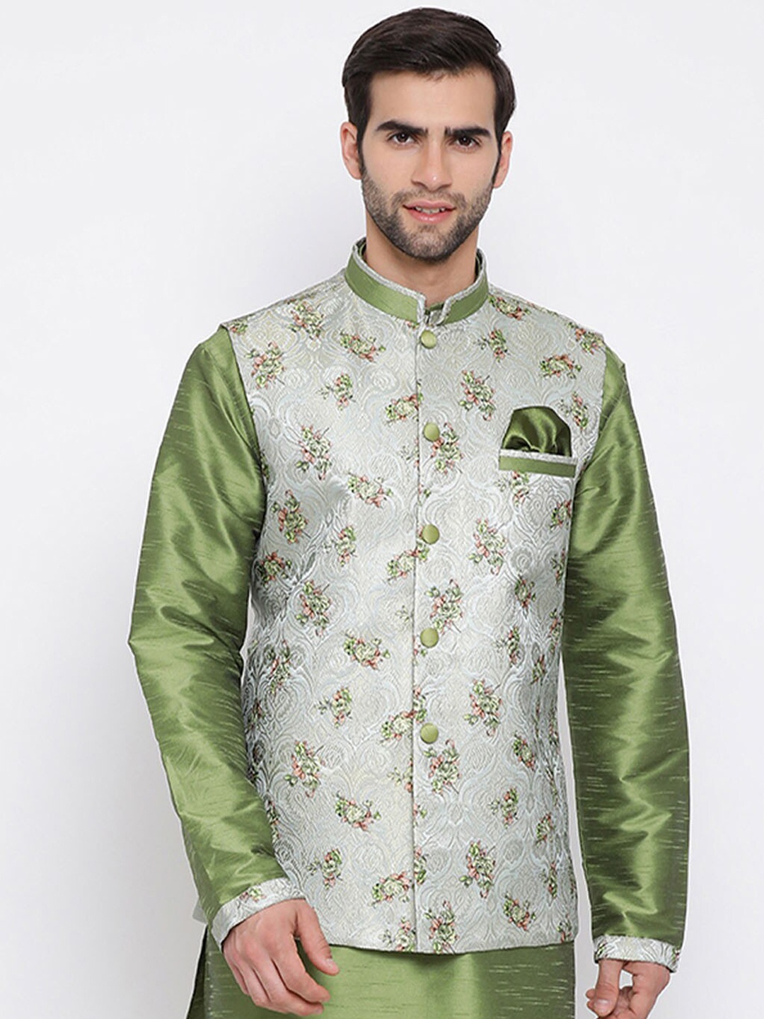 

VASTRAMAY Men Woven Design Nehru Jacket, Green