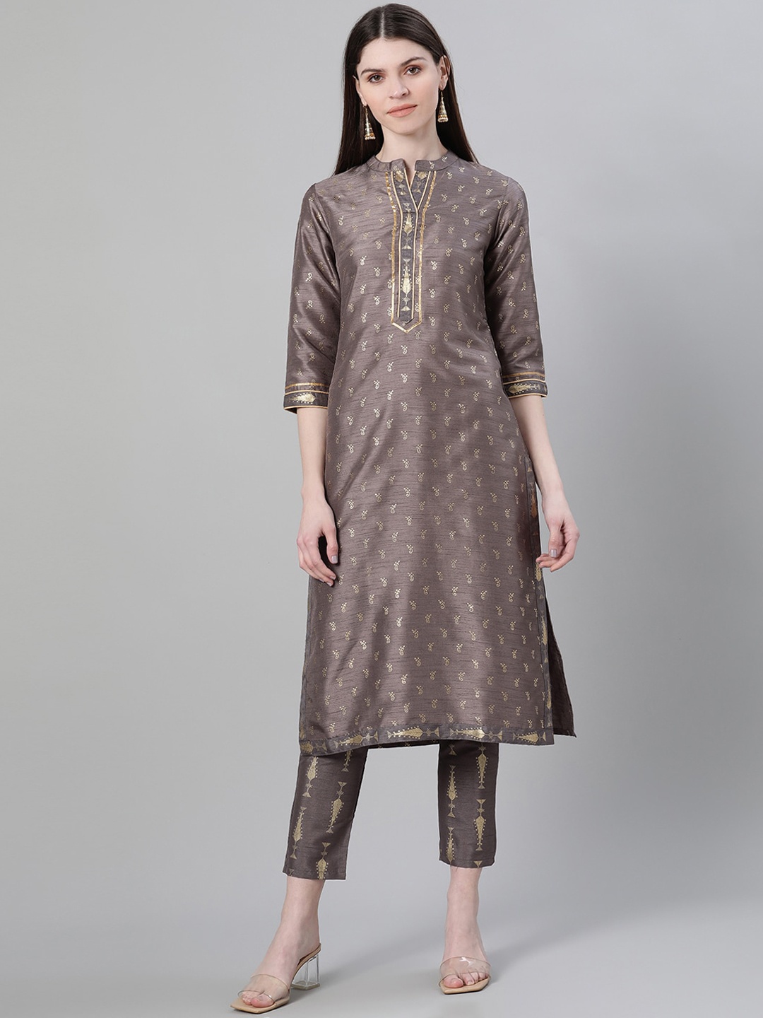 

ZIYAA Mandarin Collar Ethnic Motifs Printed Kurta with Trousers, Grey