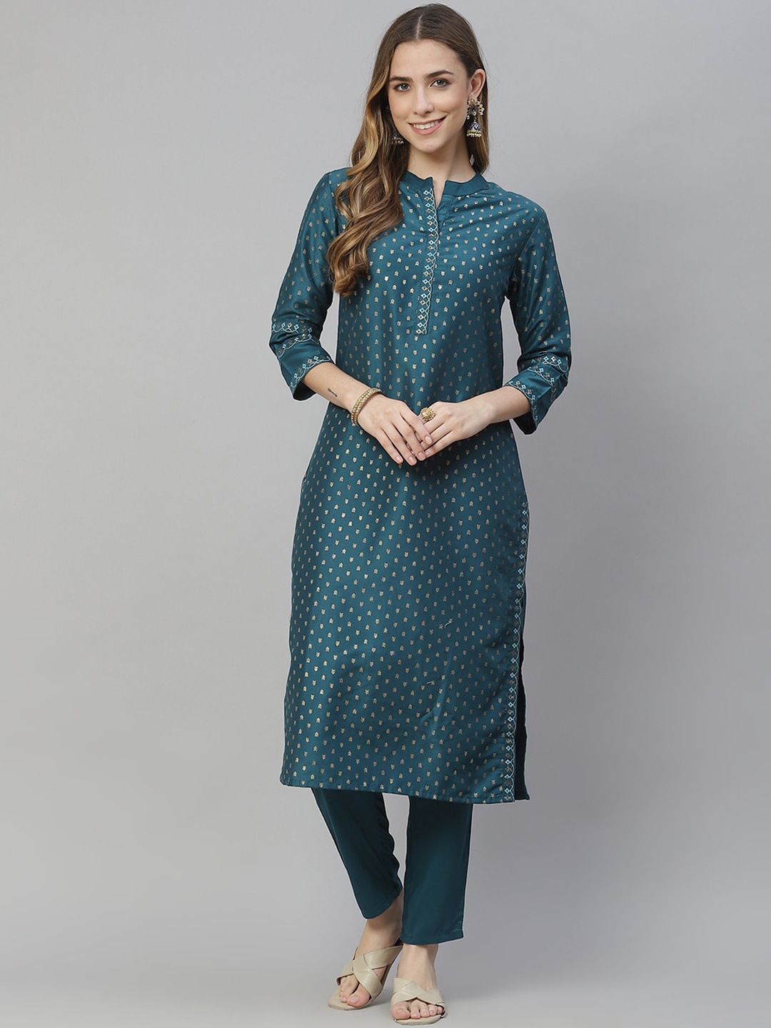 

ZIYAA Band Collar Ethnic Motifs Printed Kurta with Trousers, Teal