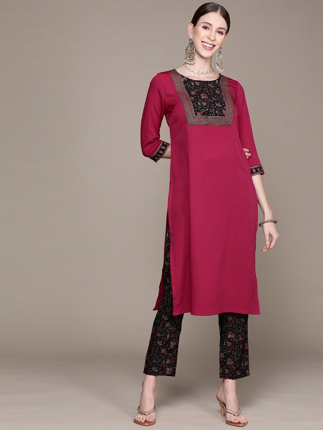 

ZIYAA Floral Printed Kurta with Trousers, Pink