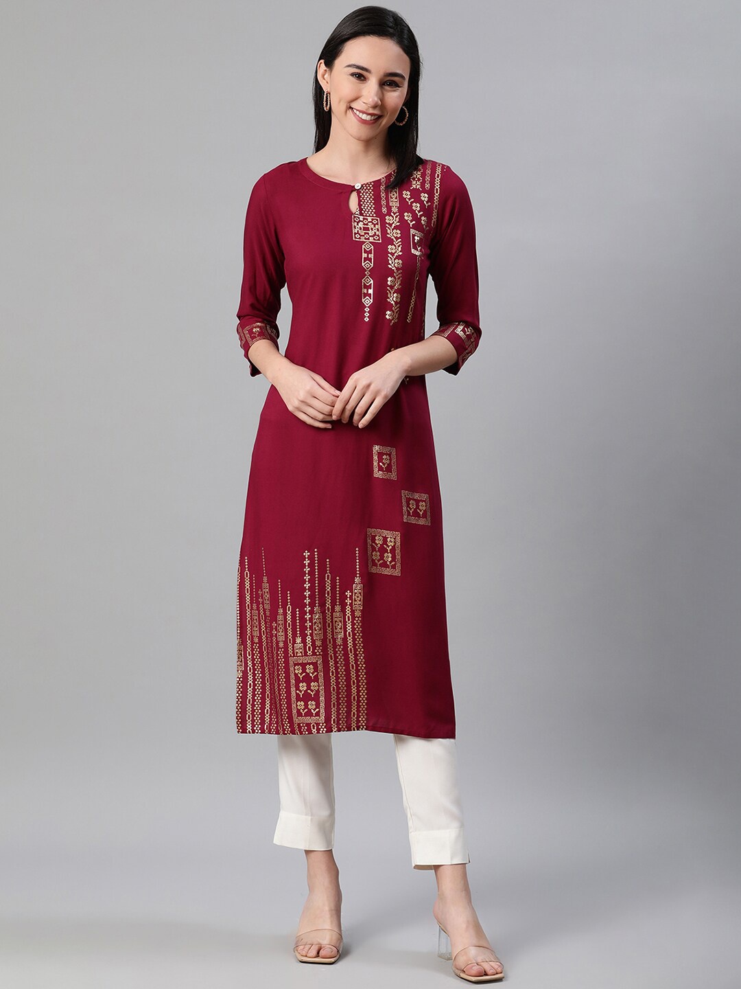 

ZIYAA Women Printed Keyhole Neck Kurta with Trousers, Maroon