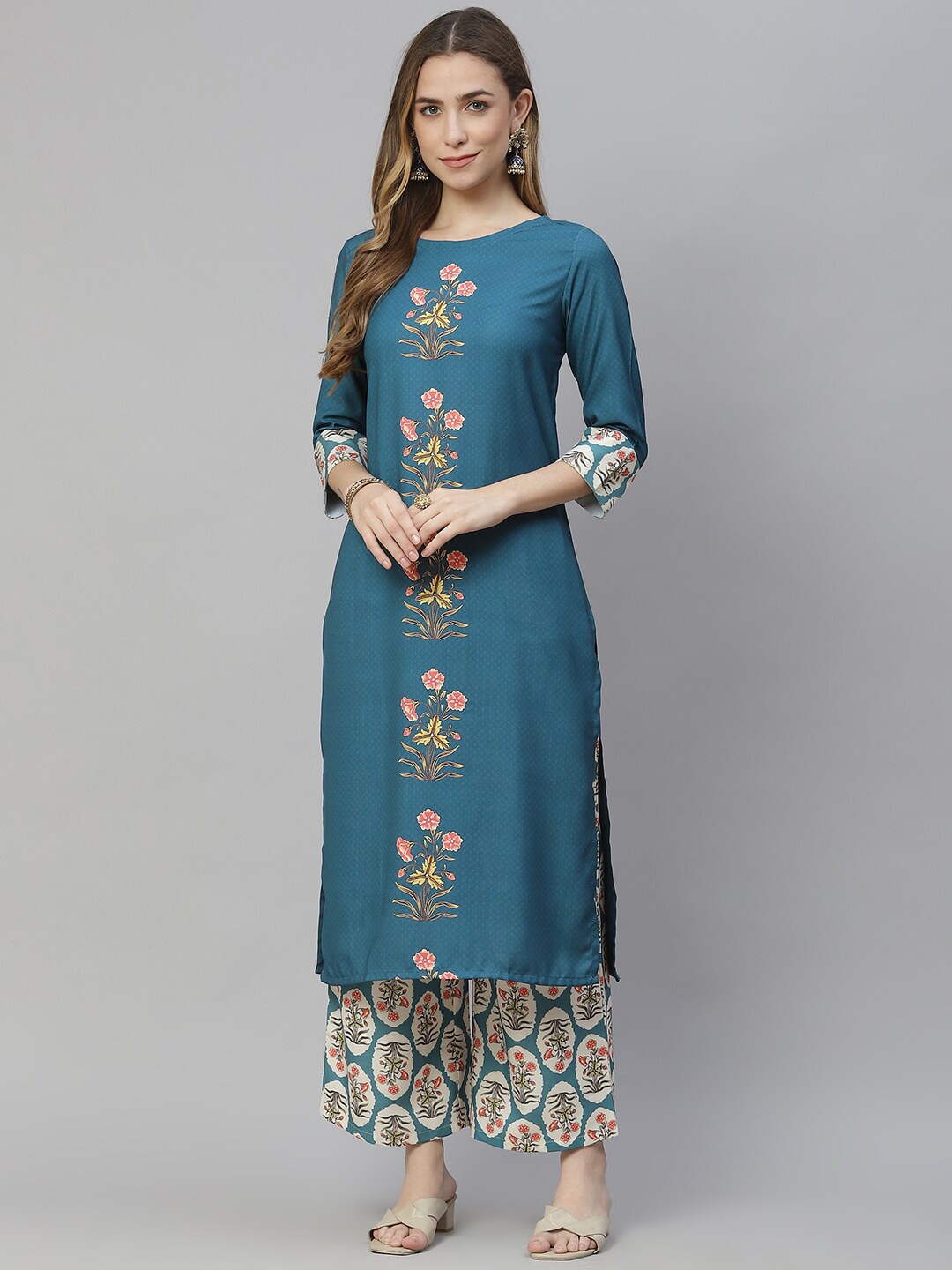 

ZIYAA Women Floral Printed Round Neck Kurta with Palazzos, Teal