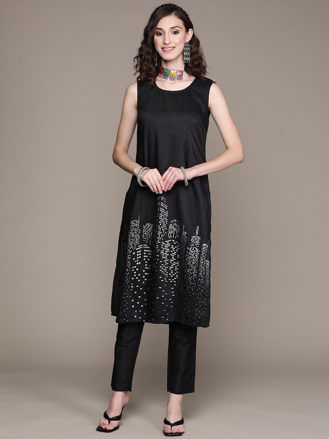 

ZIYAA Printed Kurta with Trousers, Black