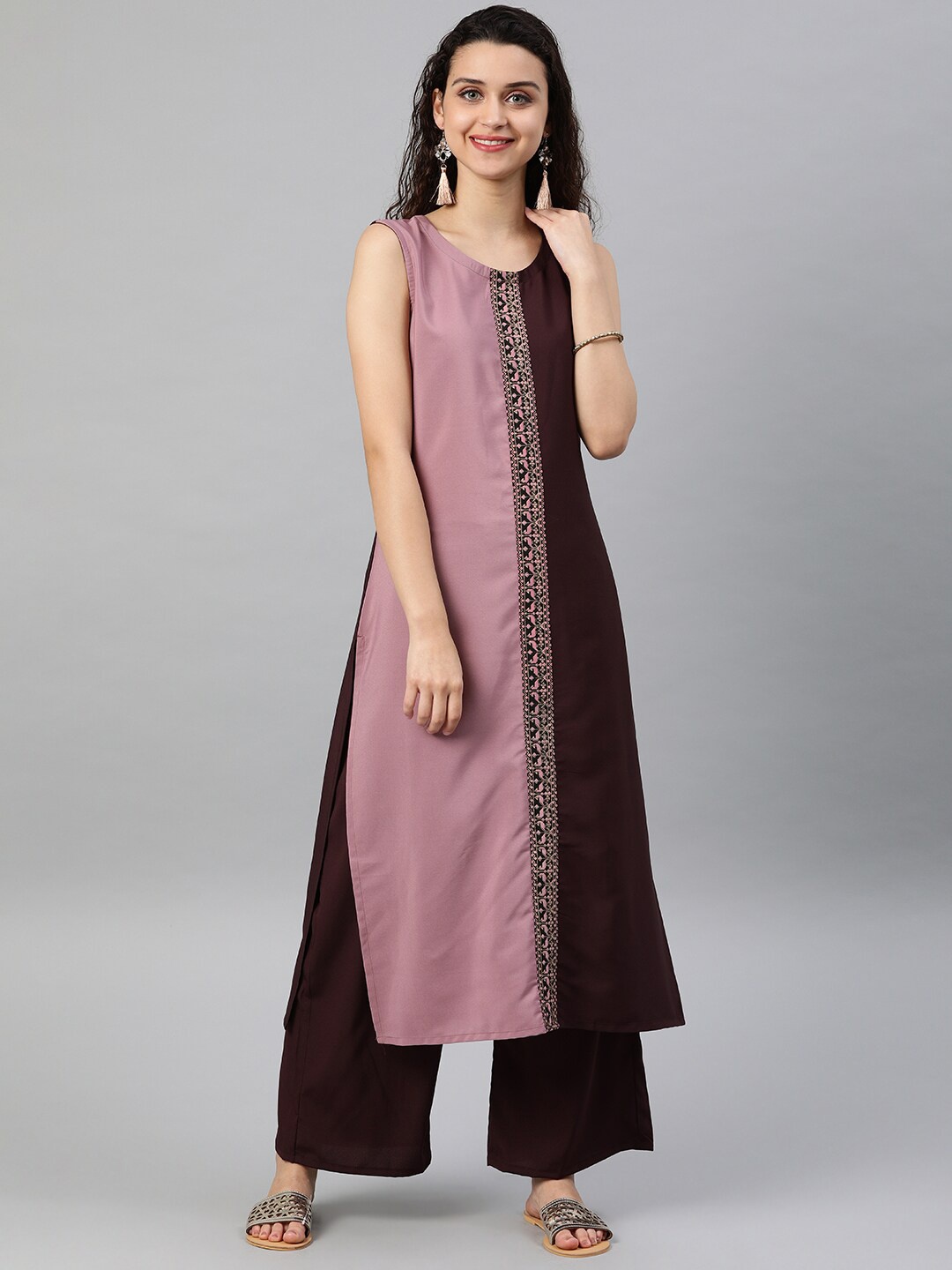 

ZIYAA Women Colourblocked Kurta with Palazzos, Mauve