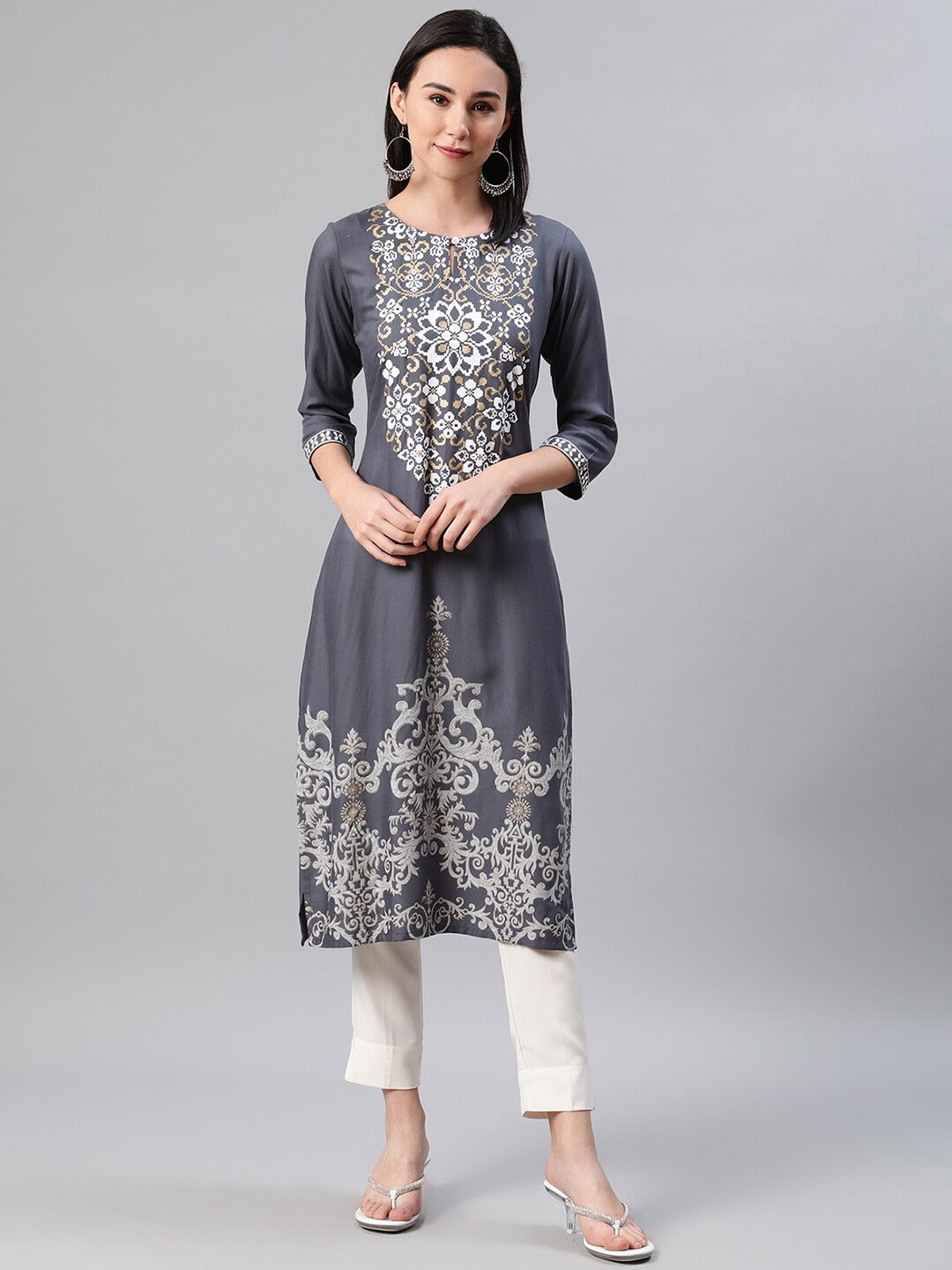 

ZIYAA Women Ethnic Motifs Printed Kurta with Trousers, Grey
