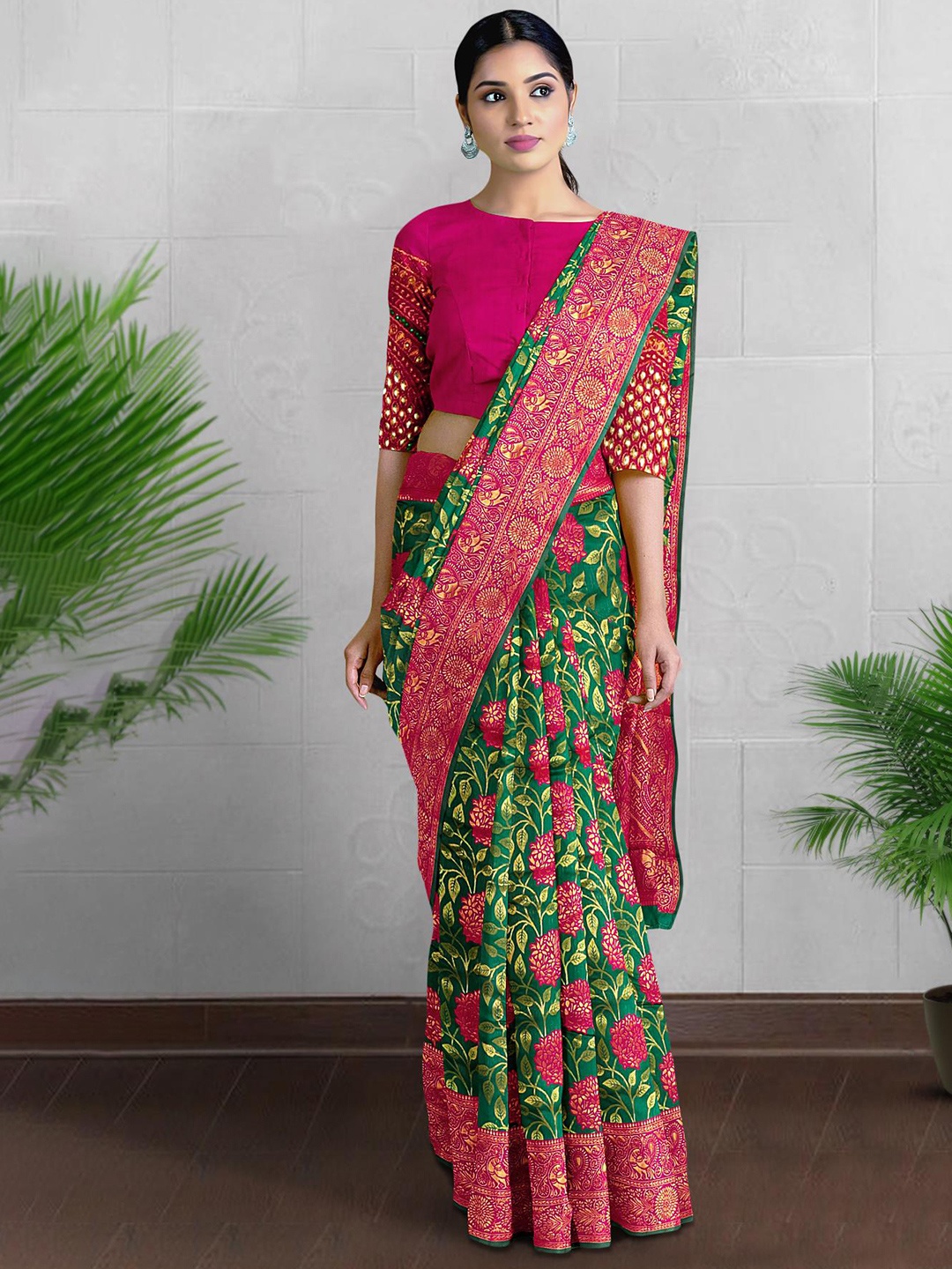 

Kalamandir Green & Pink Floral Zari Silk Blend Banarasi Saree