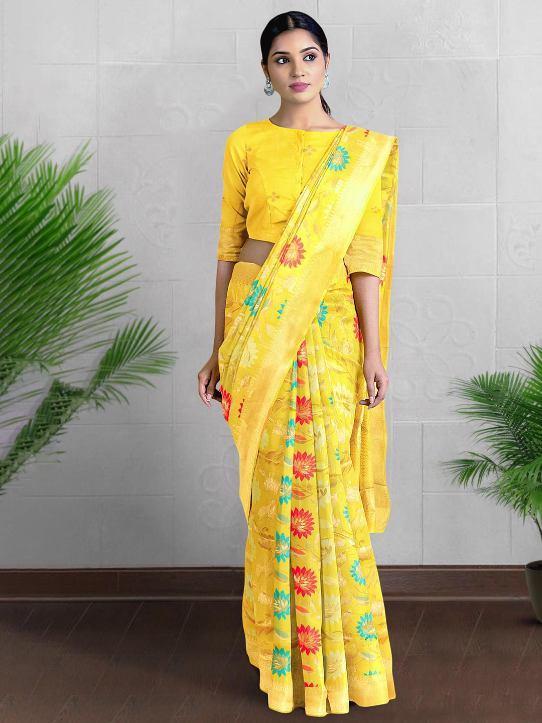 

Kalamandir Floral Woven Design Zari Banarasi Saree, Yellow