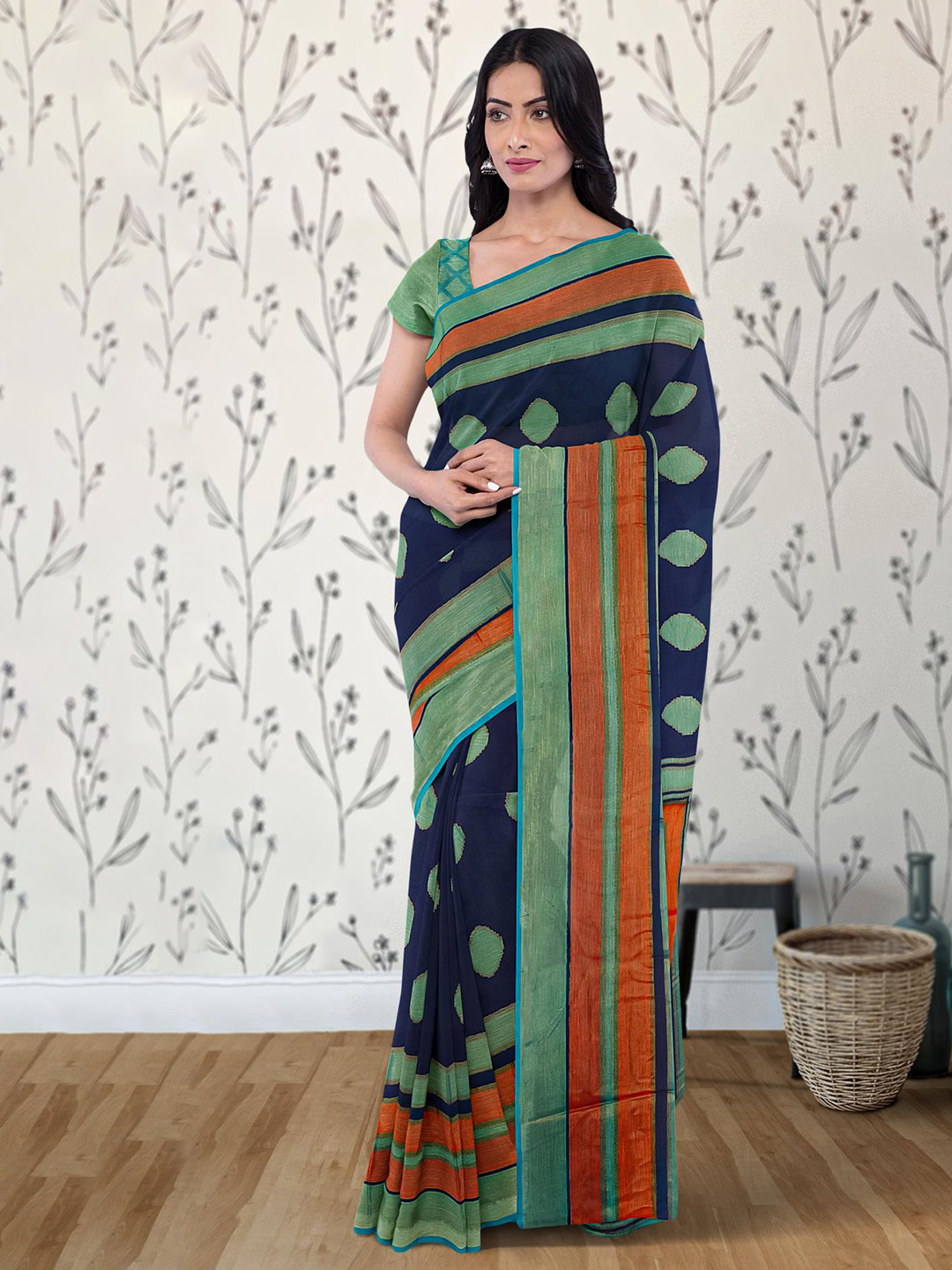 

Kalamandir Geometric Printed Striped Bordered Saree, Navy blue