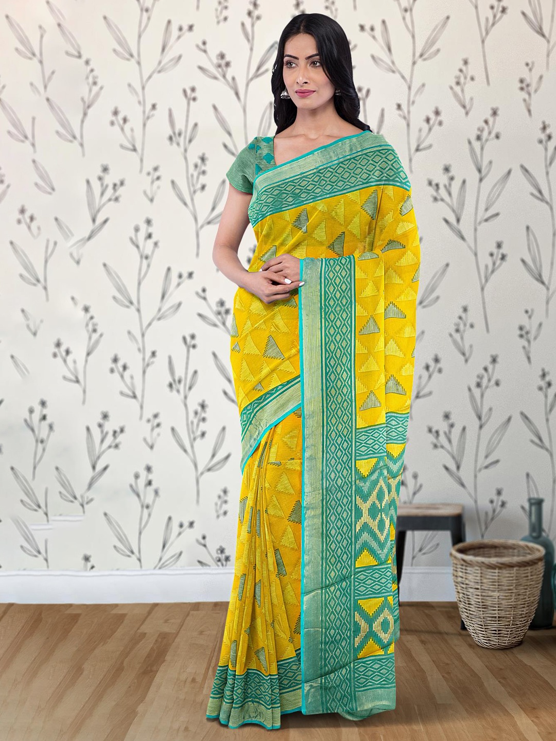 

Kalamandir Printed Zari Saree, Mustard