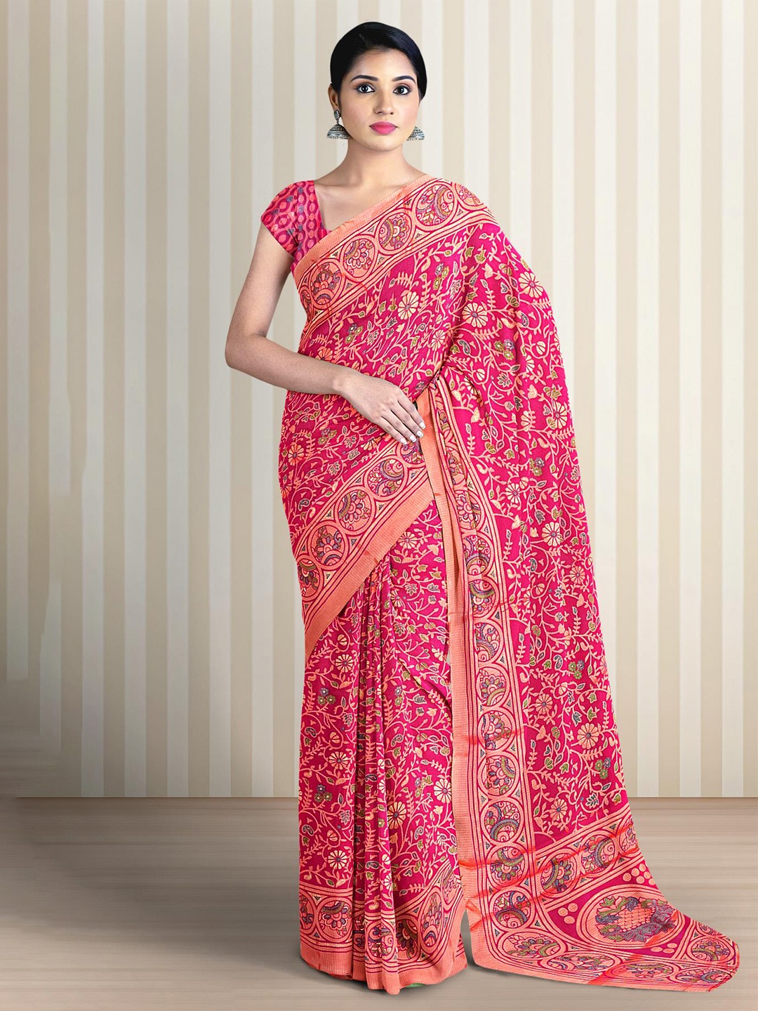 

Kalamandir Floral Printed Silk Blend Saree, Pink