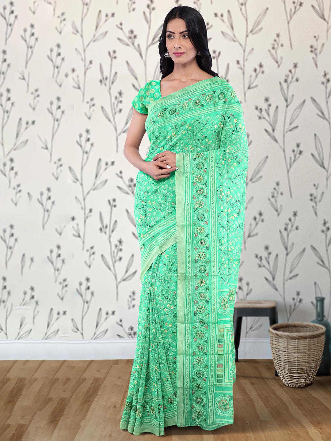 

Kalamandir Floral Print Zari Saree, Sea green