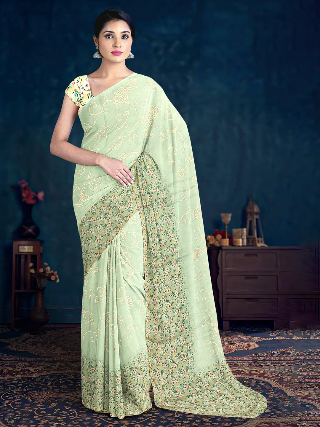 

Kalamandir Floral Silk Blend Saree, Green