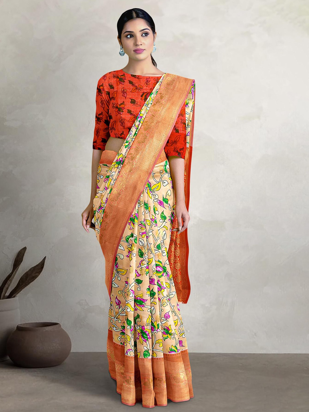 

Kalamandir Floral Printed Zari Banarasi Saree, Cream