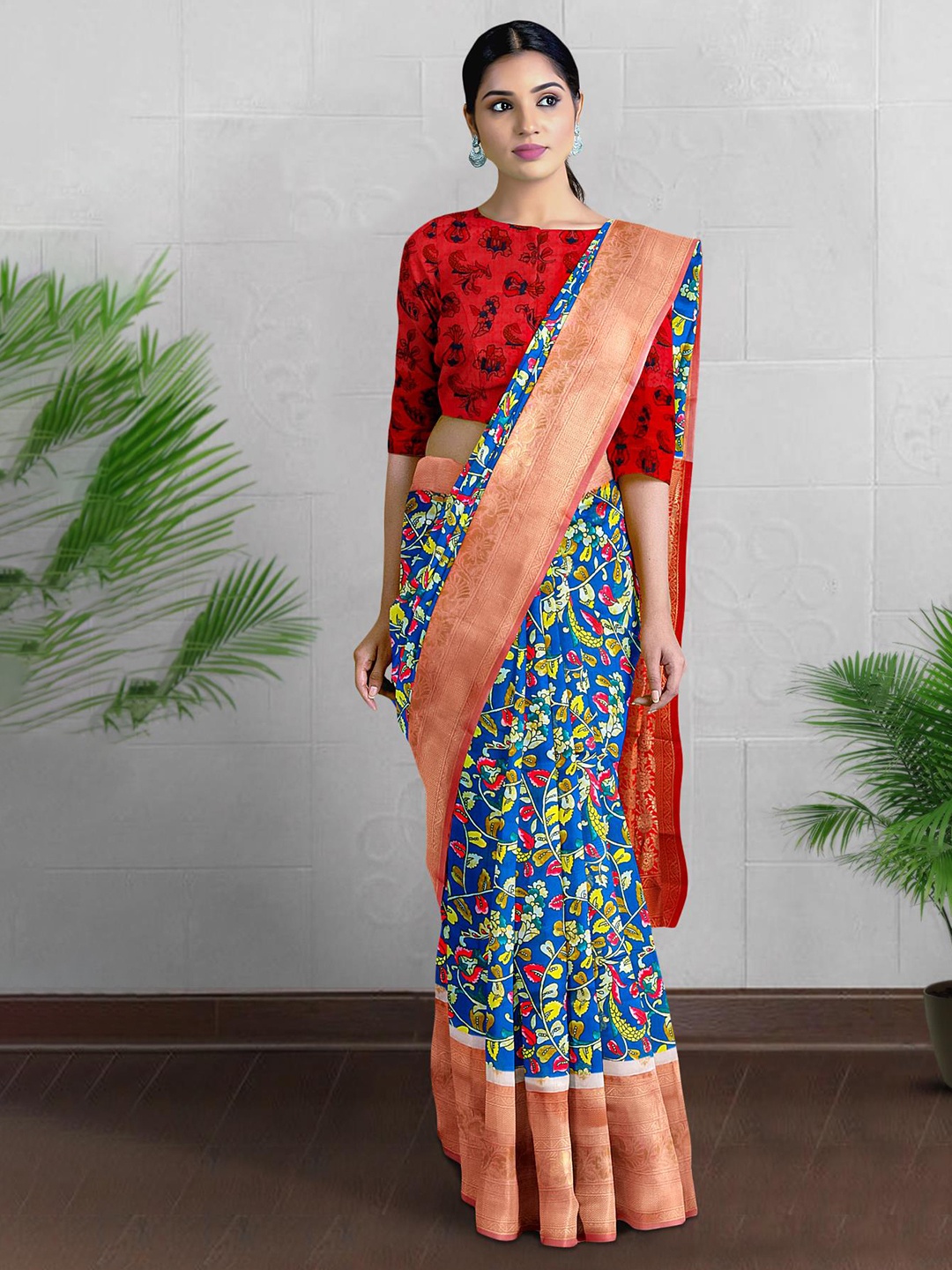 

Kalamandir Green & Blue Kalamkari Zari Silk Blend Banarasi Saree