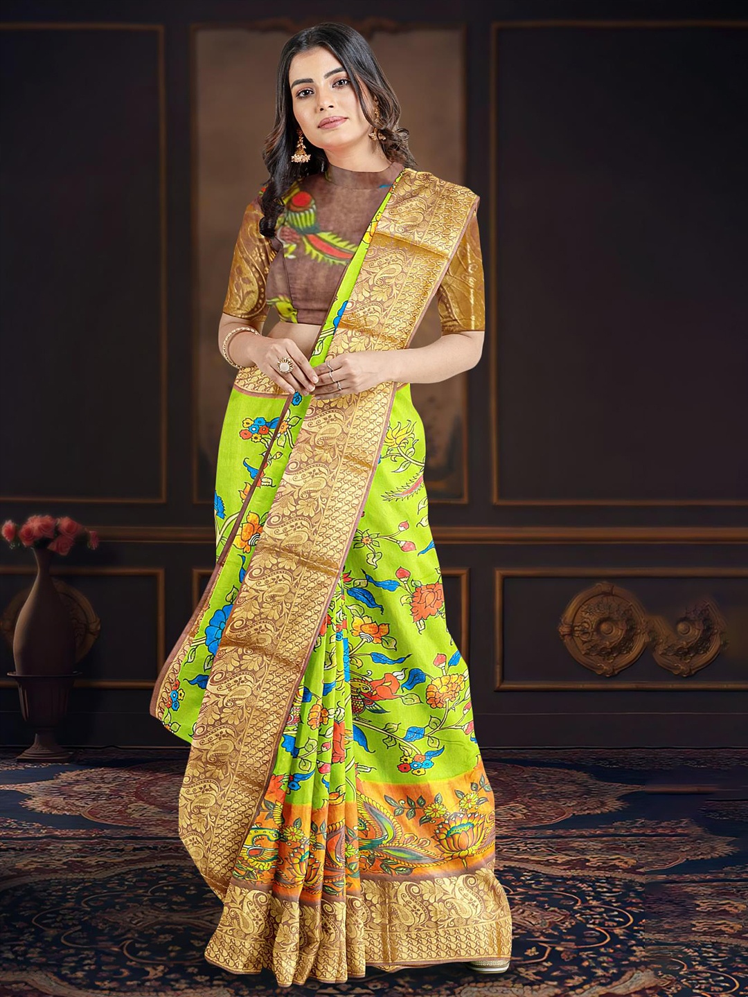 

Kalamandir Printed Kalamkari Zari Banarasi Saree, Green