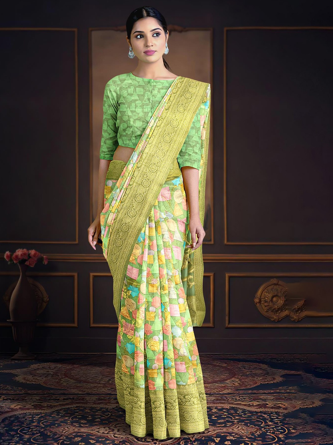 

Kalamandir Geometric Printed Zari Banarasi Saree, Olive