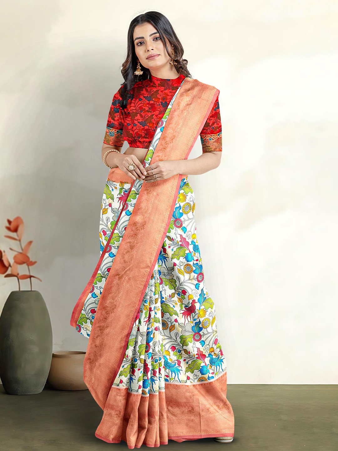 

Kalamandir Floral Printed Zari Banarasi Saree, Off white