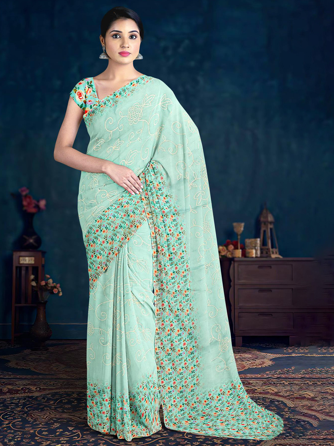 

Kalamandir Floral Silk Blend Saree, Sea green